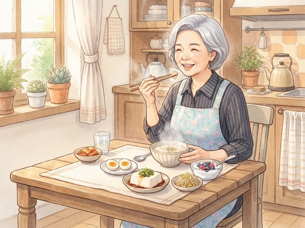 노화 속도를 늦추는 아침 습관 5가지 6 단백질 위주로 식사를 하는 여성