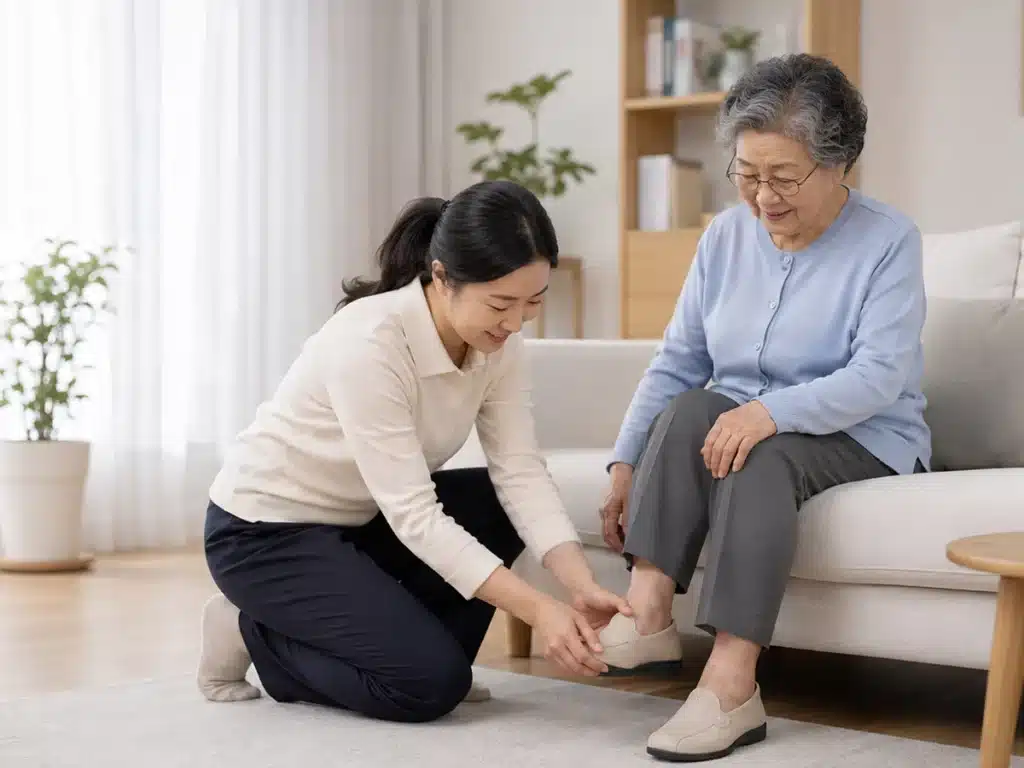 노인 신발 고를 때 꼭 확인해야 할 7가지 1 부모님에게 신발을 신기는 모습